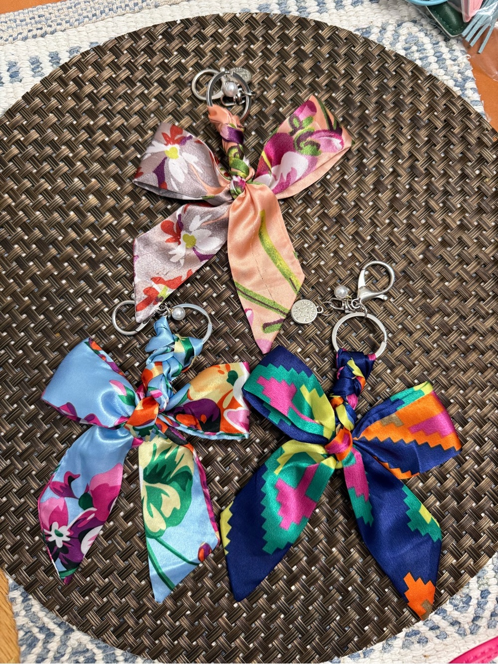 Multi Silk-Feel Floral Bow Keychain - Blue, Pink Navy